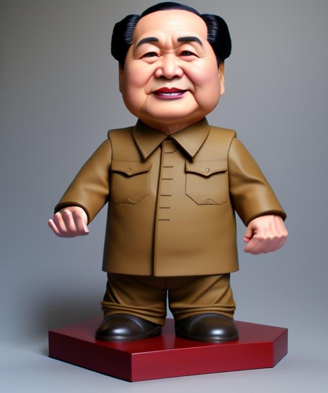 A cartoony plastic figurine of Chairman Mao, standing on a table