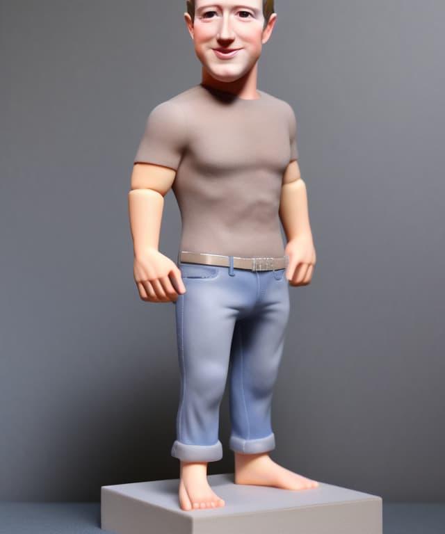 A cartoony plastic figurine of Mark Zuckerberg on a table