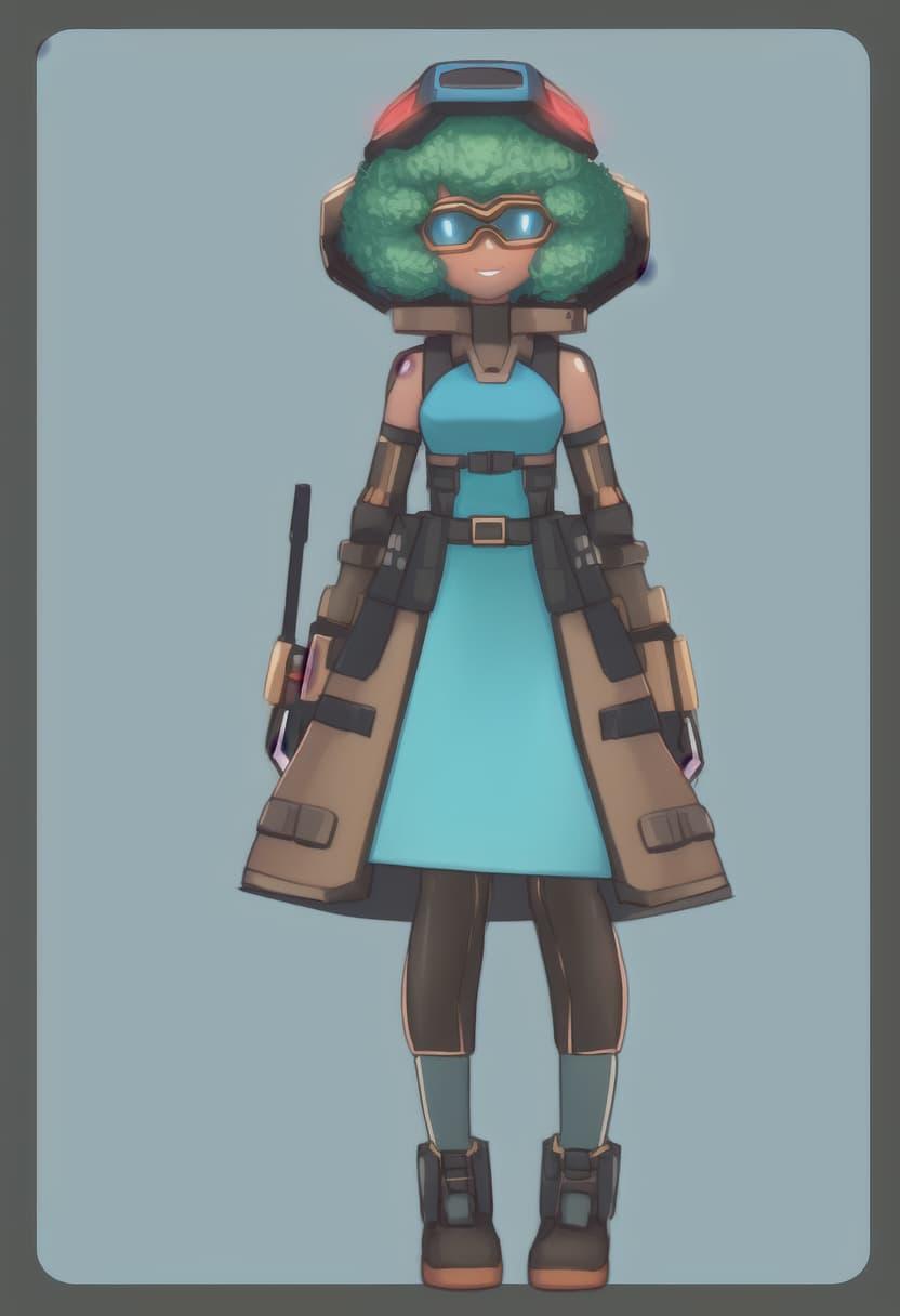 A happy green-haired robot girl in a cyan dress, with robotic eyes that look like goggles