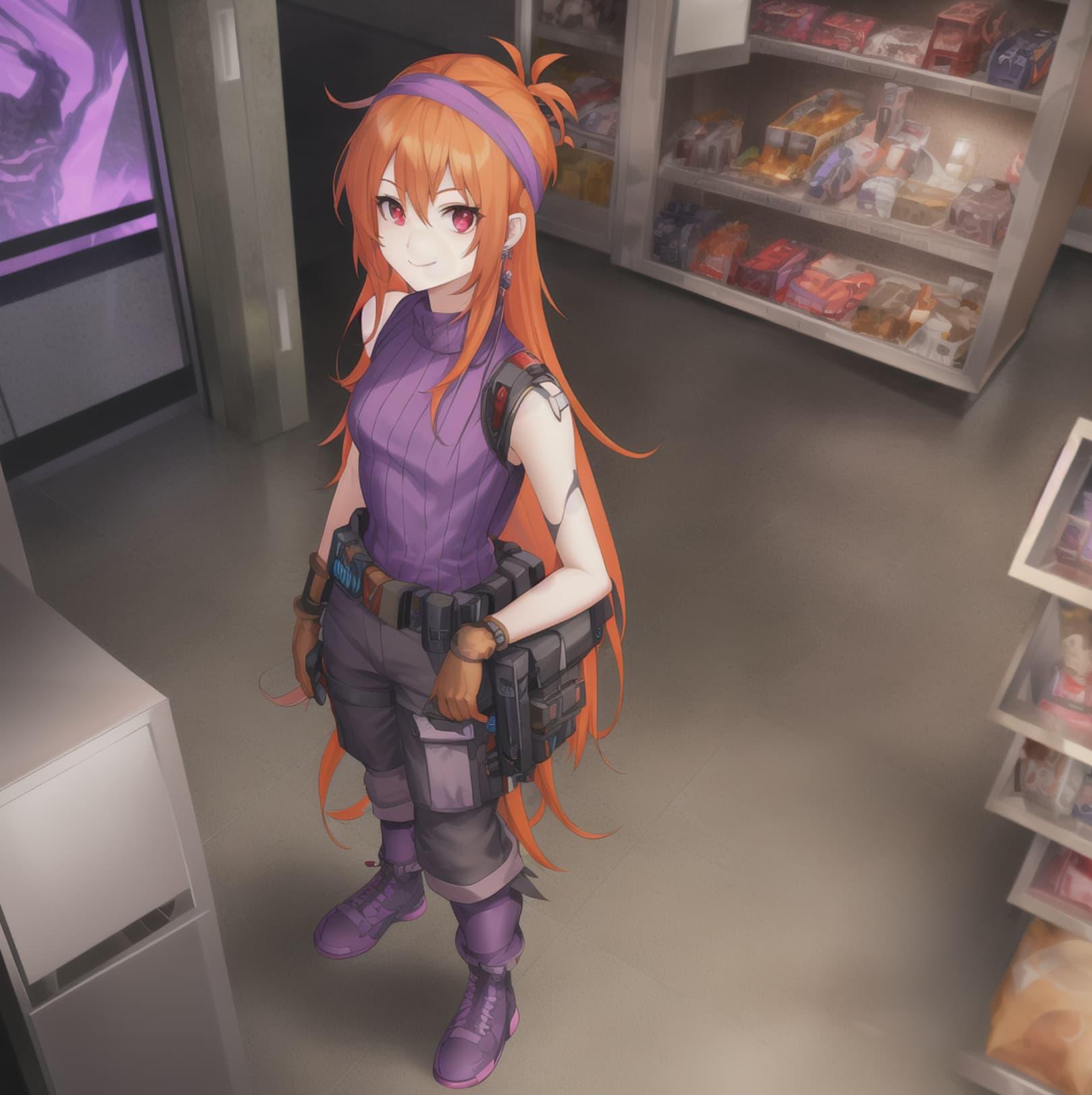 An orange-haired girl with a purple headband, wearing a purple turtleneck sleeveless top, khaki shorts, and purple boots, stands in a deserted convenience store
