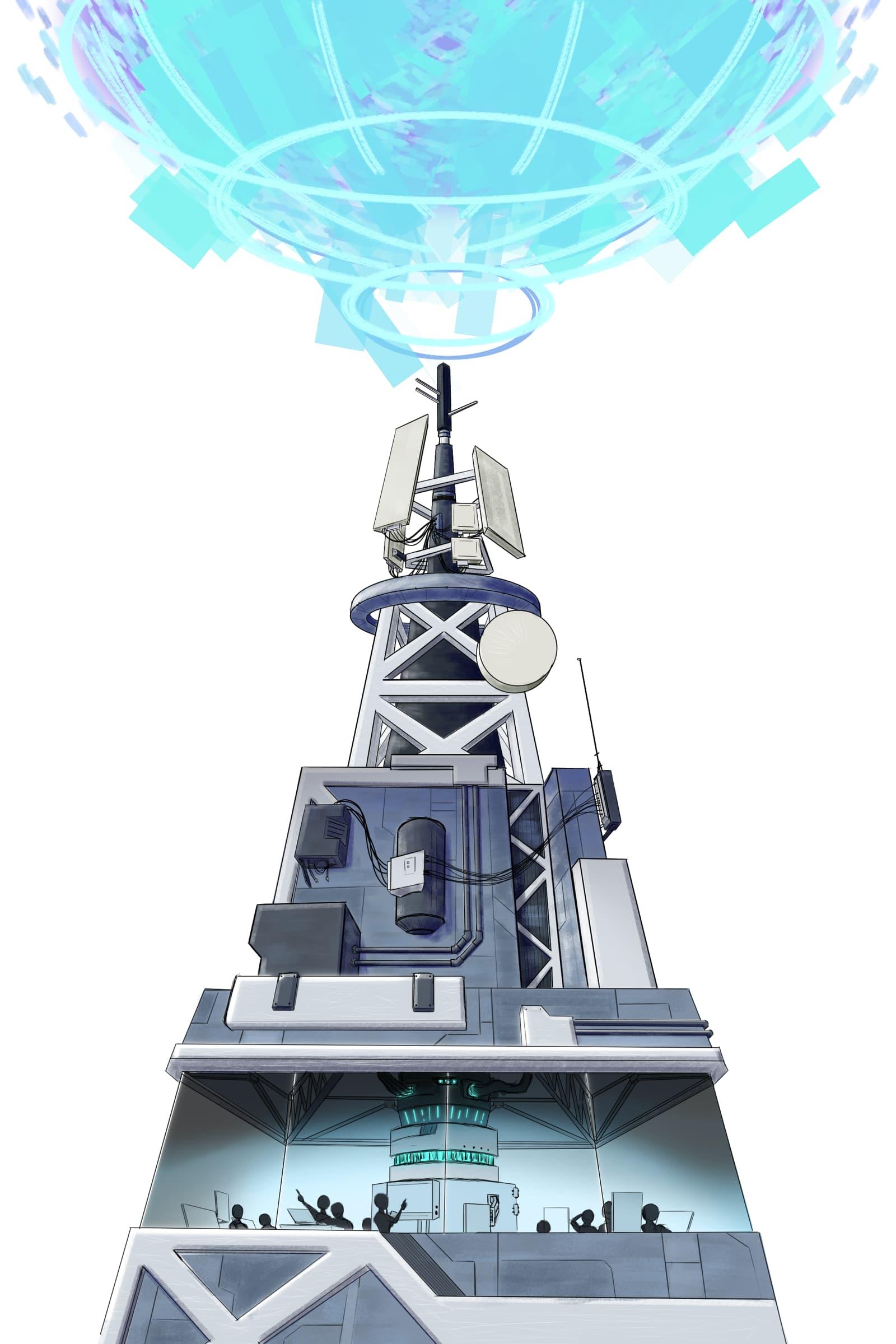 An illustration of a skyscraper broadcast tower, sending a large blue virtual signal into space