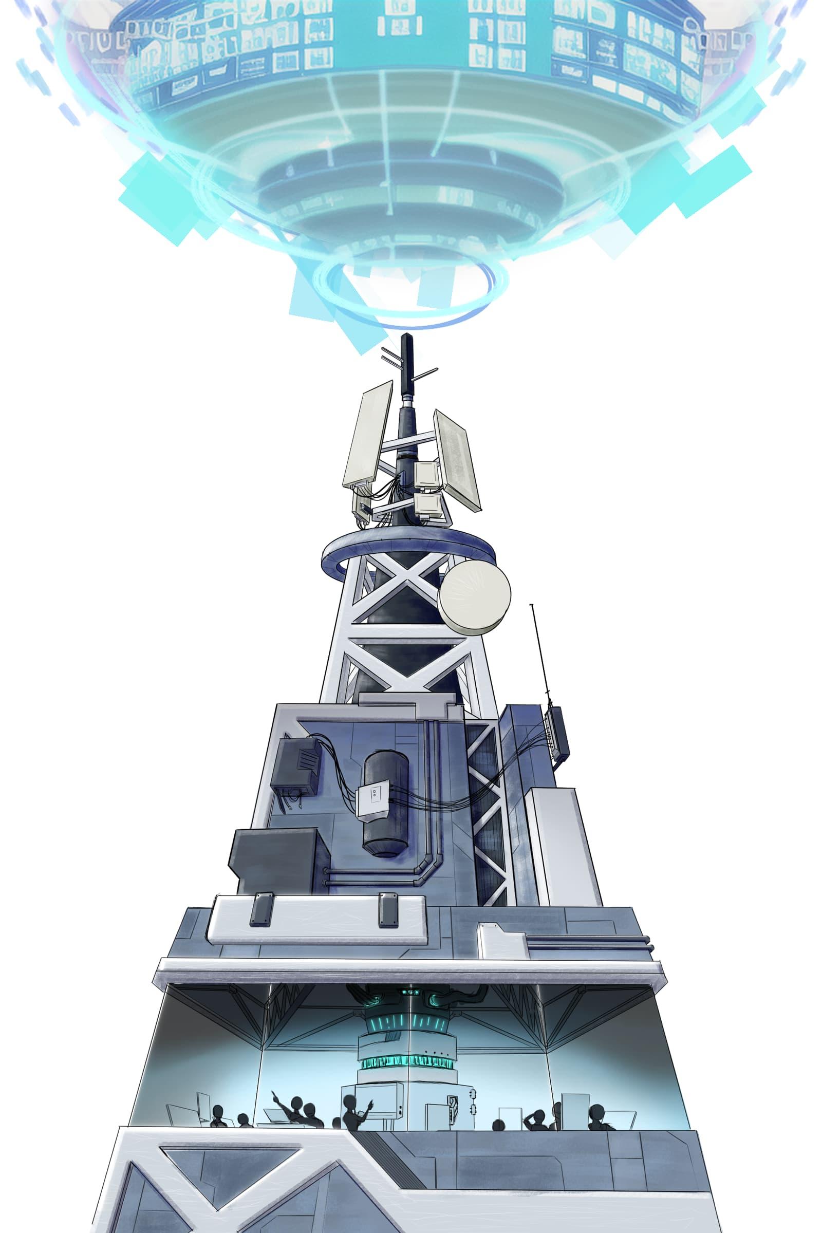 An illustration of a skyscraper broadcast tower, sending off a virtual signal into space, this time with some AI-enhanced effects
