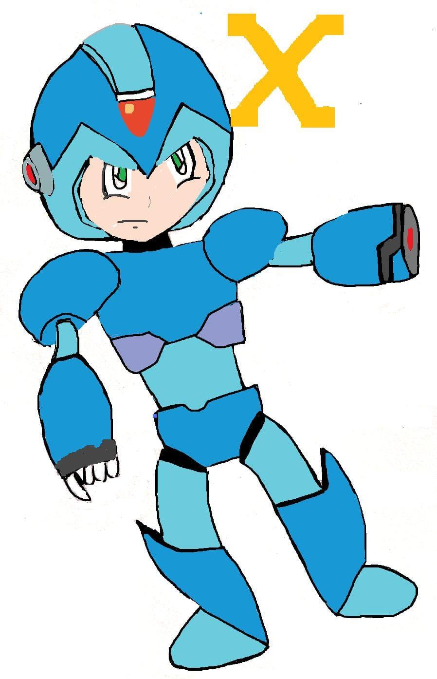 A crude digital drawing of MegaMan X, a blue android making a dynamic pose with an extended blaster arm