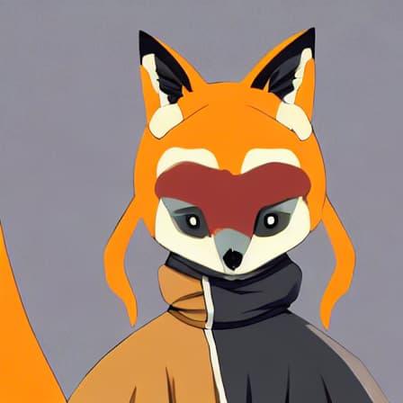 A pop art drawing of a fox girl with orange hair and pointy ears, wearing a jacket