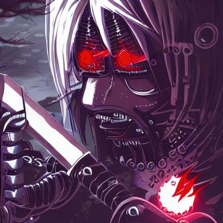 An abstract image of what appears to be a cyborg or robot holding a sword, with red eyes, white hair, and exposed mechanical body parts