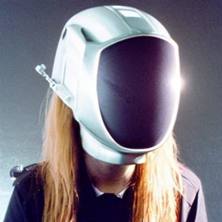 A headshot of a blonde woman wearing a futuristic space helmet