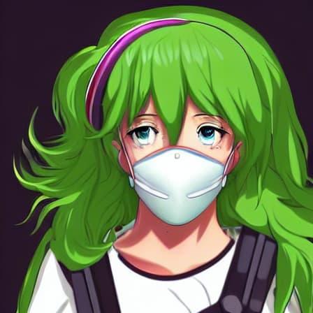 A portrait of a green-haired girl with a pink headband, white shirt, green eyes, face mask, and backpack