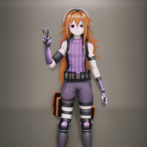 A blurry image of an orange-haired girl wearing a purple top and shorts, and an orange fanny pack, making a peace sign with her hand