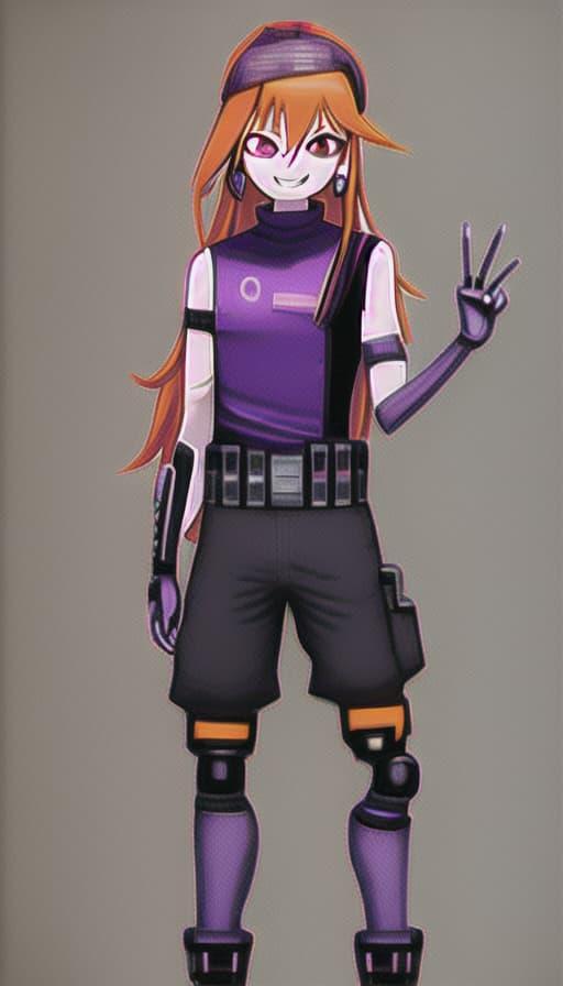 A blurry, distorted image of an orange-haired girl with a purple headband, wearing a purple top and black pants, and holding up three fingers