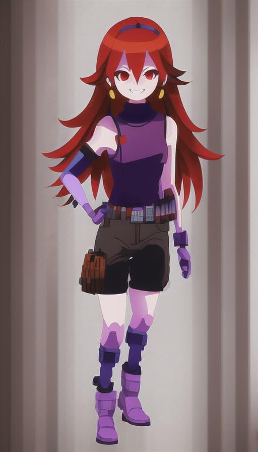A red-haired girl with a purple top, black shorts, and purple boots, making a dynamic pose
