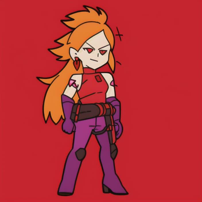Pop-art cartoon of an orange-haired girl with red eyes and earrings, a red top, purple gloves, and purple boots, against a red background