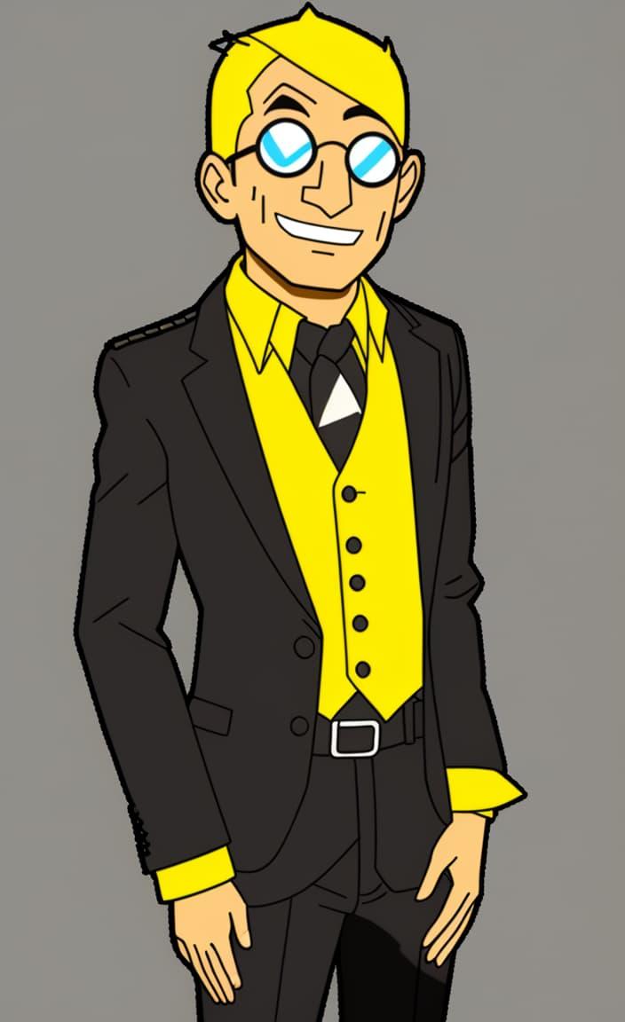 Pop-art style illustration of a blond business man with round glasses, a corny smile, and a striking black and yellow suit