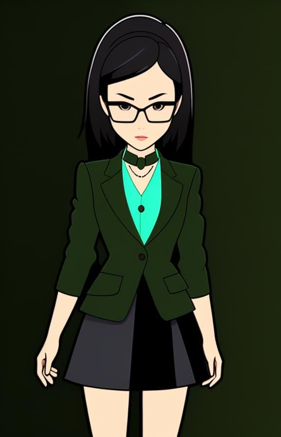 Pop-art style illustration of a Korean woman with short black hair, wearing a green suit and black skirt, against a green background, and making an angry pose