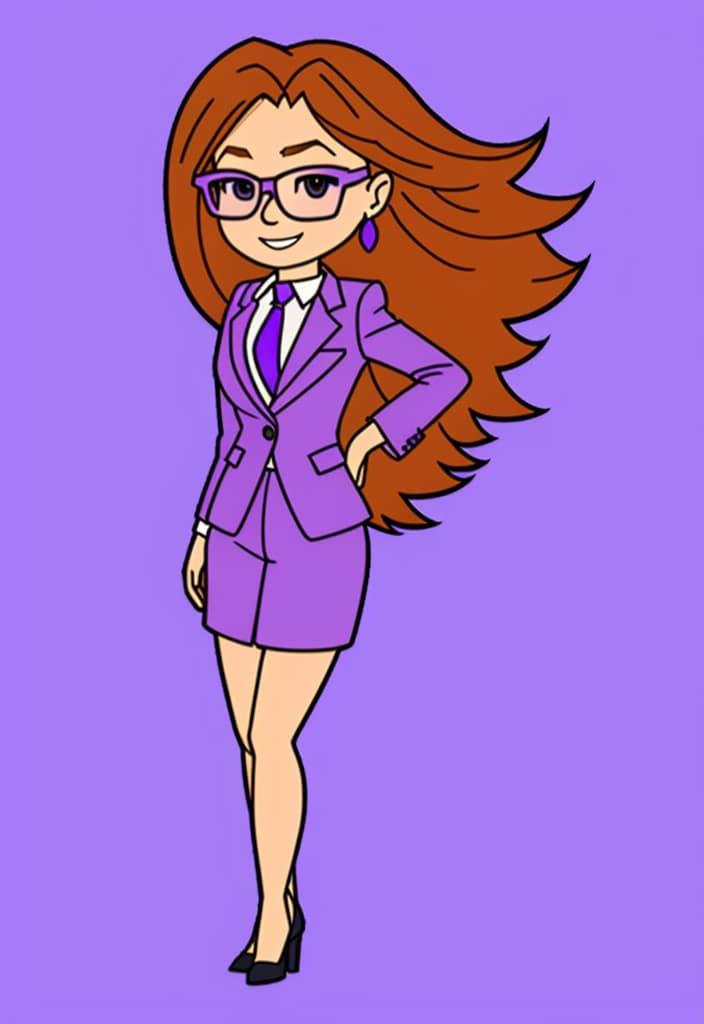 Pop-art illustration of a woman with long orange hair, purple glasses, a cute smile, and a purple business suit, against a purple background