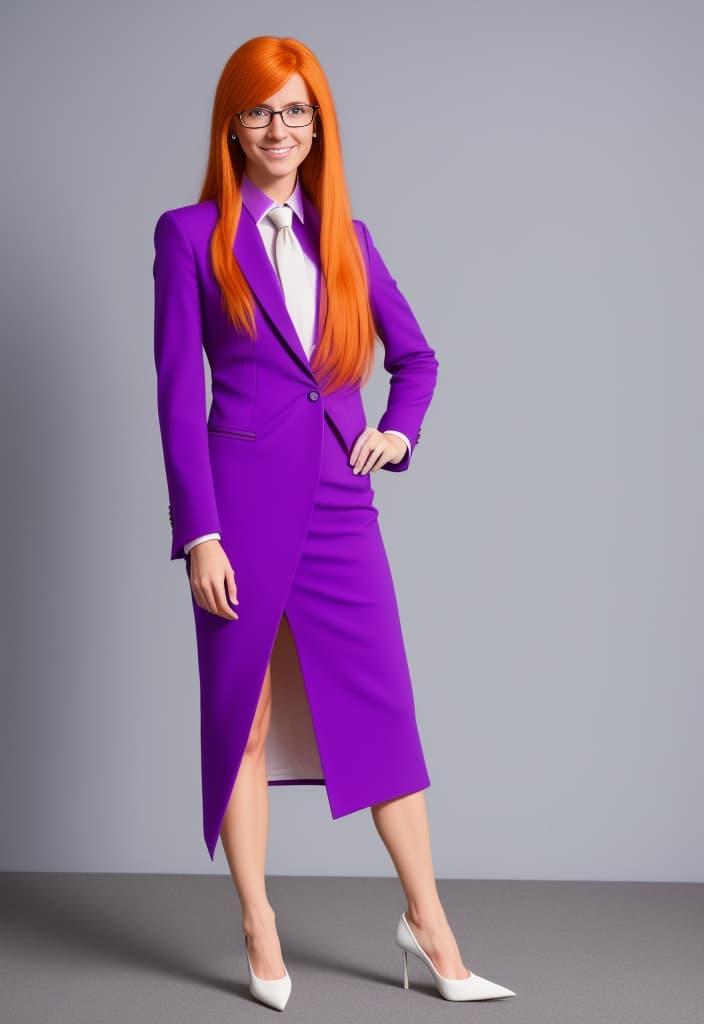 A photo of an orange-haired woman wearing glasses and a purple suit dress, along with a white tie and white heels, against a grey background, smiling and striking a pose