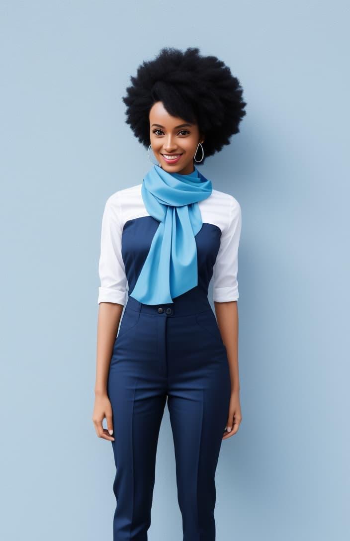 A photograph of a young woman with a large black afro, brown skin, a blue scarf around her neck, a white shirt, and blue dress coveralls, smiling and standing against a blue wall