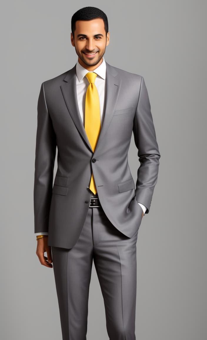 A photo of an Egyptian man with short black curly hair and a beard, smiling, standing against a grey wall, wearing a grey three-piece suit with a white shirt and a yellow tie