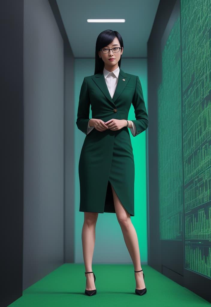 A photo of a black-haired Korean woman wearing glasses, a white collared shirt, and a green formal dress, standing in a green and black hallway, with her hands at her middle, and making a neutral expression