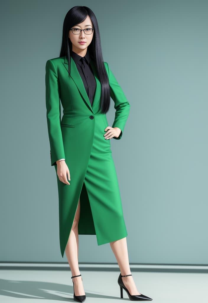 A photo of a Korean woman with long black hair, and a green formal dress making a dynamic pose against a green background - the pose is identical to the image before it