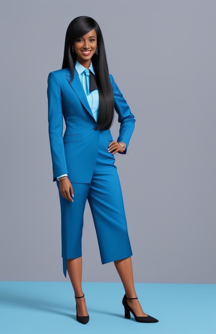 A photo of a brown-skinned woman with long black hair, wearing a blue suit and pants, against a blue and grey background, making an identical pose as the images before