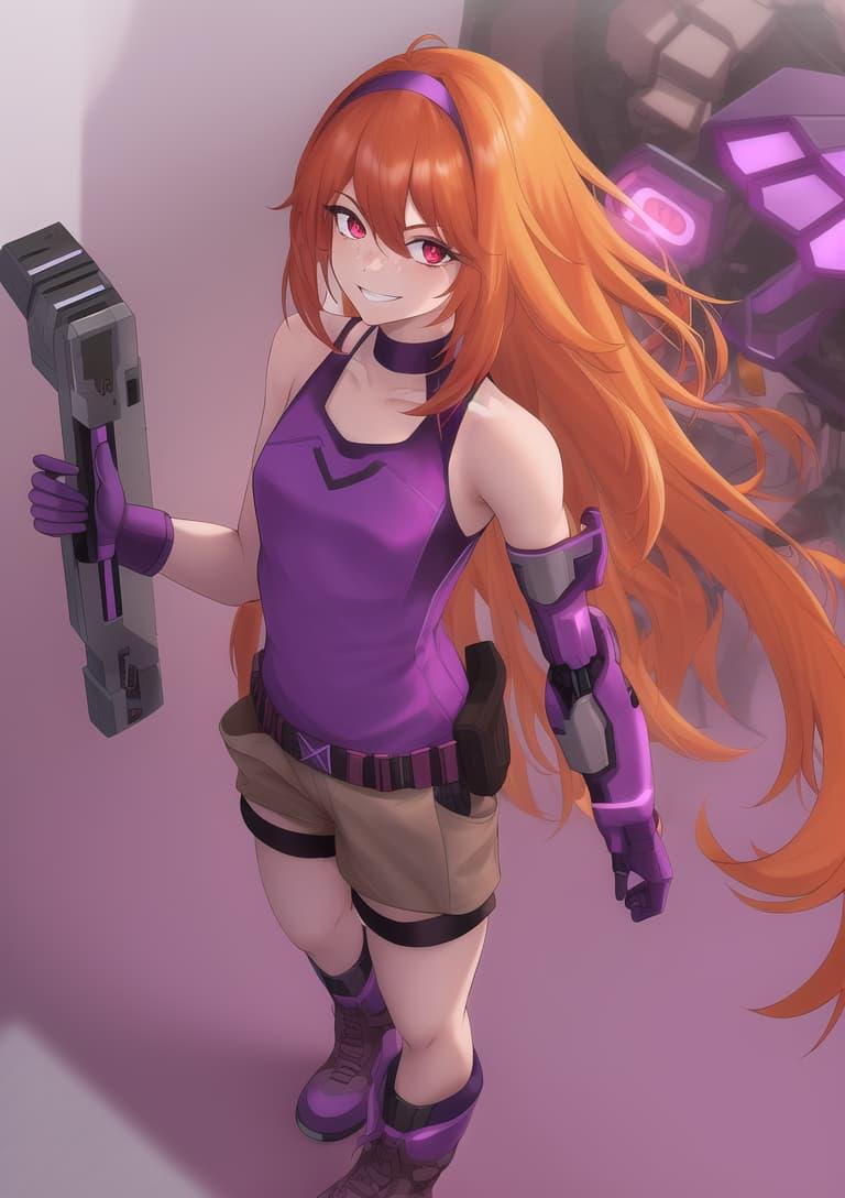 An ilustration of a girl with long orange hair, a purple headband, red eyes, a purple top, purple robotic gloves, khaki shorts, and purple boots