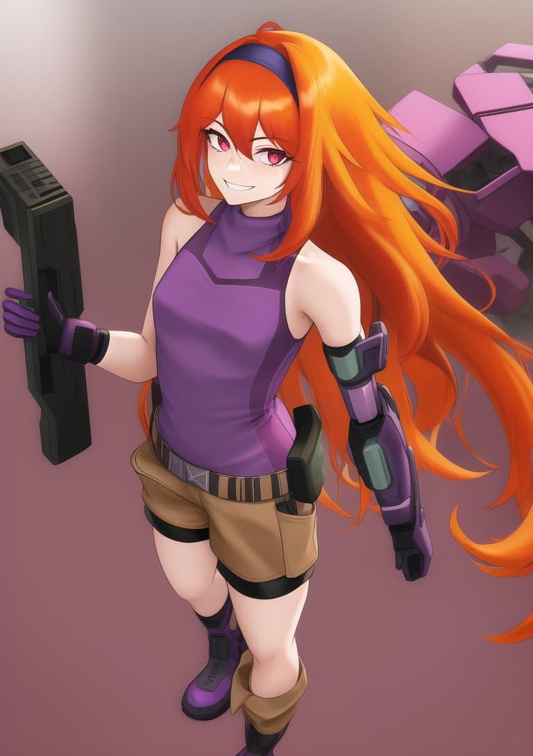 An ilustration of a girl with long orange hair, a purple headband, red eyes, a purple top, purple robotic gloves, khaki shorts, and purple boots - similar in many ways to the image before, but with a different style and lighting