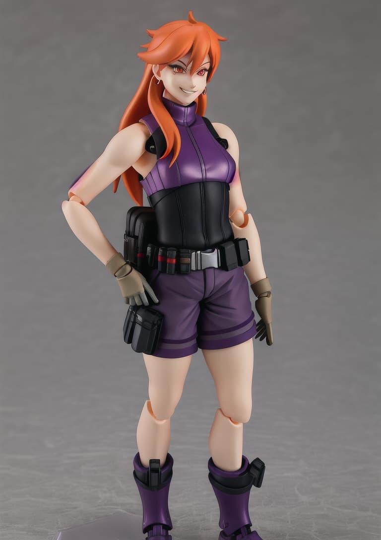 A photo of an orange-haired girl with a purple and black top, purple shorts, grey gloves, a fanny pack, and purple boots - as a plastic, articulated figurine