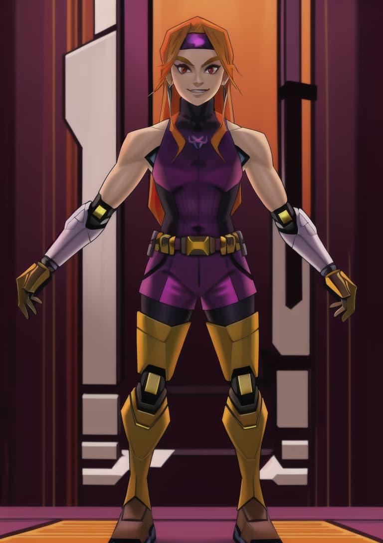 An orange-haired girl with a purple headband, wearing a purple bodysuit with yellow robotic legs, pink arms, and yellow hands - in the style of a game from the Nintendo 64 console