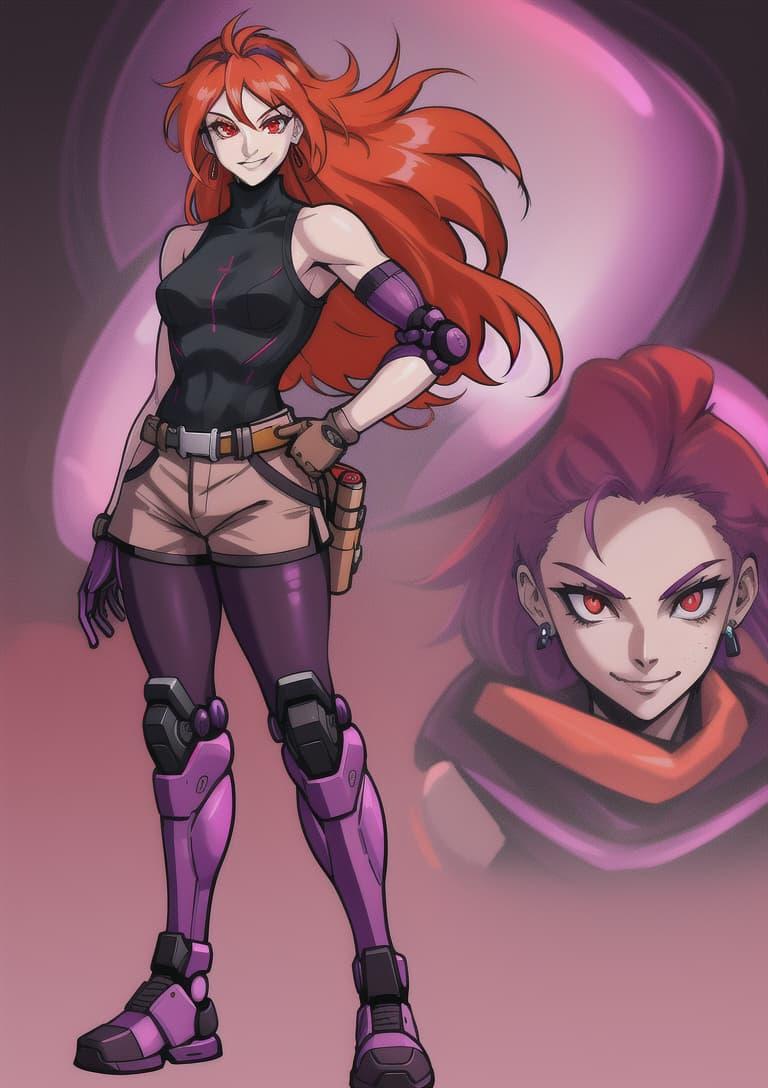 An illustration of an orange-haired cyborg girl in a black top, khaki shorts, purple legs, and purple boots makes a dramatic pose, beside a similar-looking face in the background