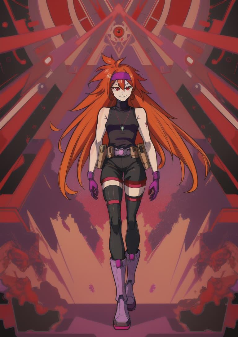 An image of a girl with long orange hair, a purple headband, purple gloves, a black bodysuit and leggings, and purple boots, making a dynamic pose and with a confident expression, with trippy geometric patterns behind her, resembling a tarot card