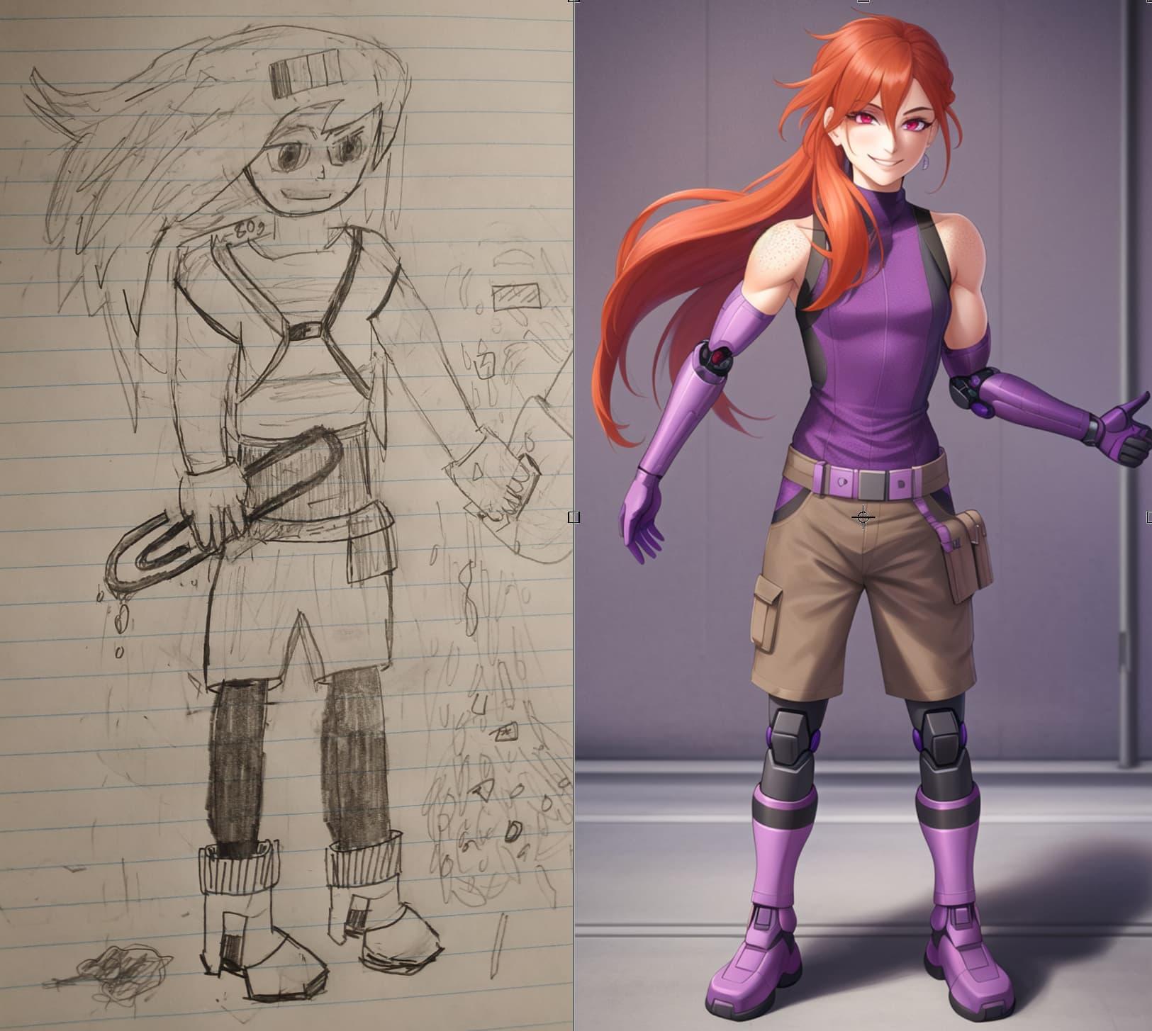An anime-style illustration of a girl with long orange hair, wearing a purple and black sleeveless top and purple robotic gloves, with khaki shorts, a fanny pack, black robotic legs, and large purple robotic boots - beside the original crude pencil sketch