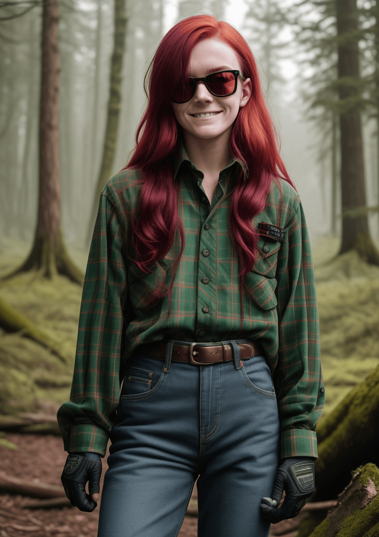 A photograph of a girl with red and purple hair, and red sunglasses, and a cute smile, wearing a button-up green tartan, black gloves, a leather belt, and blue jeans, with a forest in the background