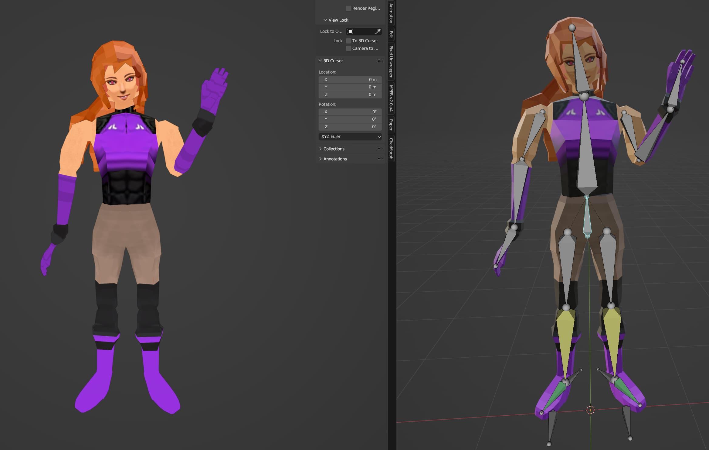 A screenshot from Blender, showing a low-poly female character on the left and right sides of the screen. On the left side, the character is in a waving pose, and on the right side, the individual bones or joints are visible