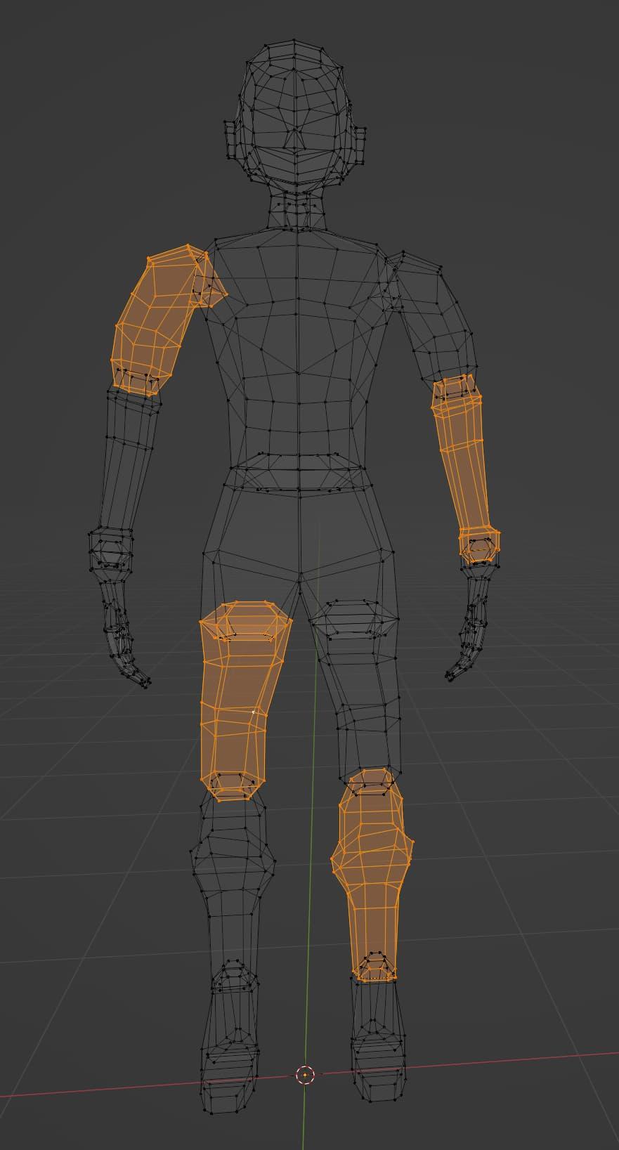 A screenshot of a wireframe of a low-poly character in Blender. Parts of the character's arms and legs have been highlighted, demonstrating how the character is composed of multiple individual parts