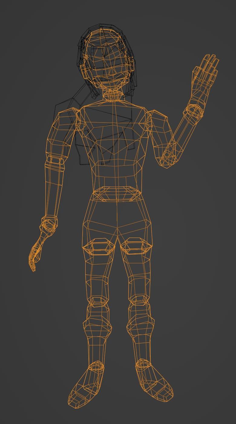 A screenshot of a wireframe of a low-poly character, waving, with individual body parts shown to have seams between them