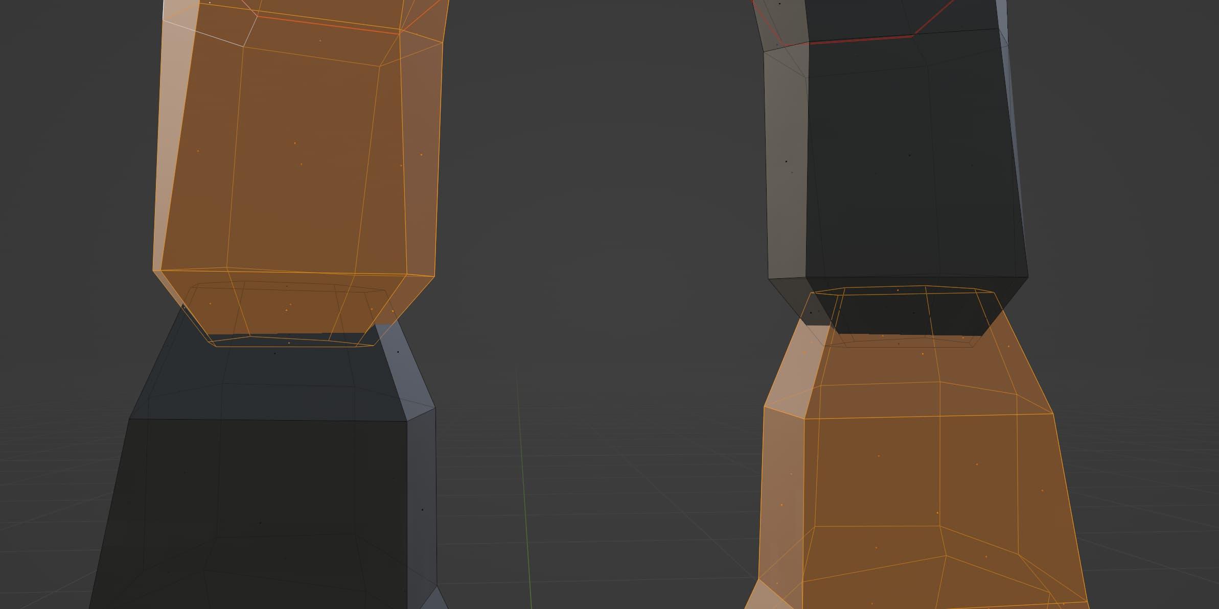 A screenshot of a low-poly character's knees. There are two separate components to the leg, that taper down in size near the joint, and overlap somewhat