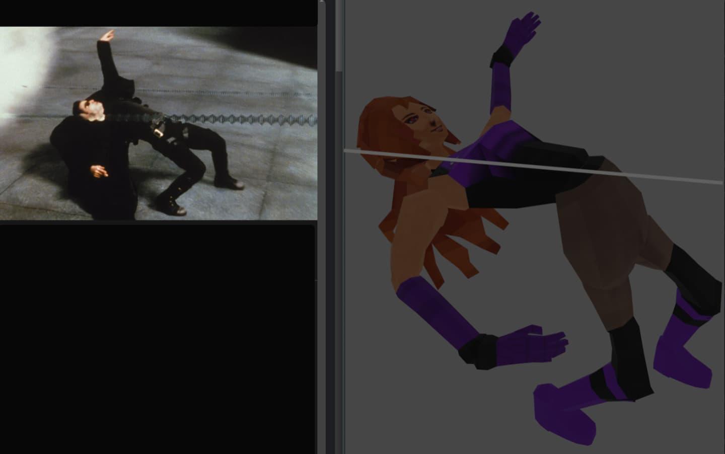 A low-poly female character, animated in the Resident Evil style, is dramatically posed dodging a bullet in midair, similar to Neo from the Matrix