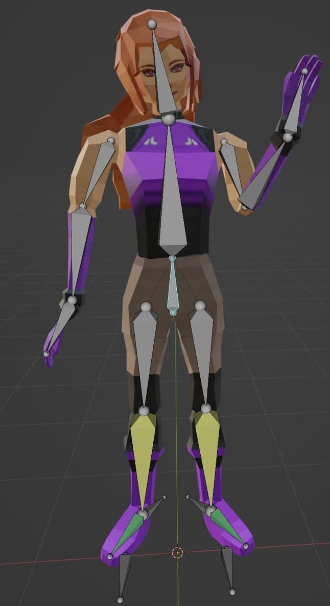 A low-poly female character model, in a hand-waving position, has a number of triangular 'bones' interposed on top of it