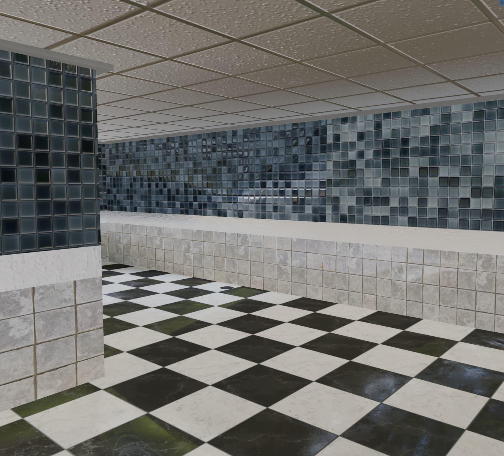 3D render of the inside of a room, with a drop ceiling, blue tiles on the top of the wall, followed by a line of plaster, followed by grey stone tiles on the wall, and checkerboard tiles on the floor