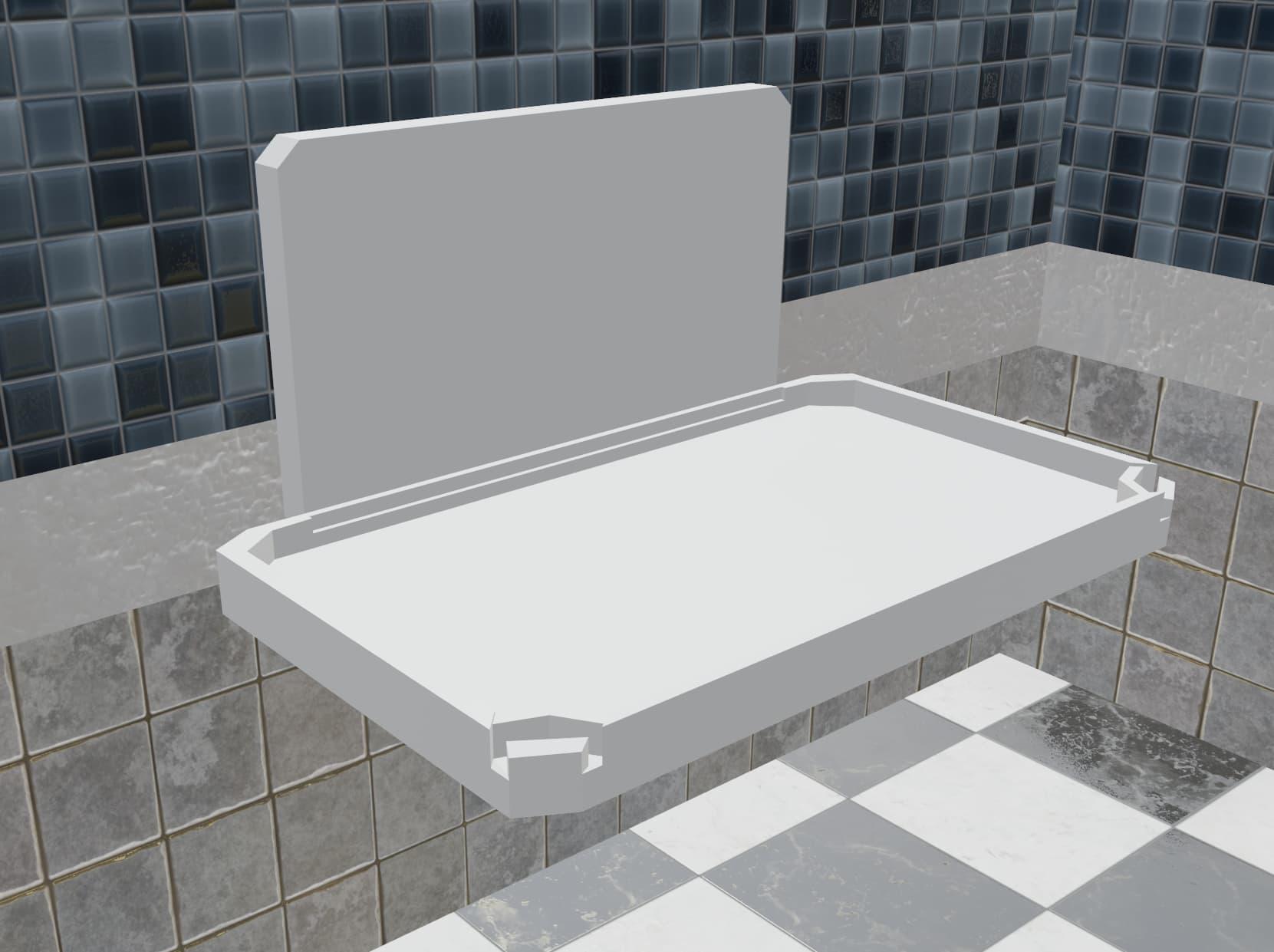 A 3D model of a white baby changing table, with the foldable table part extended