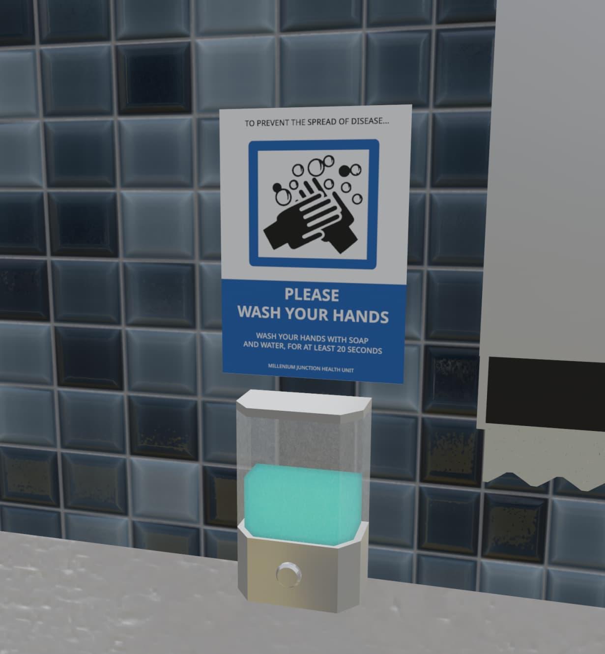 A sign that says "Please wash your hands" above a soap dispenser with green liquid inside