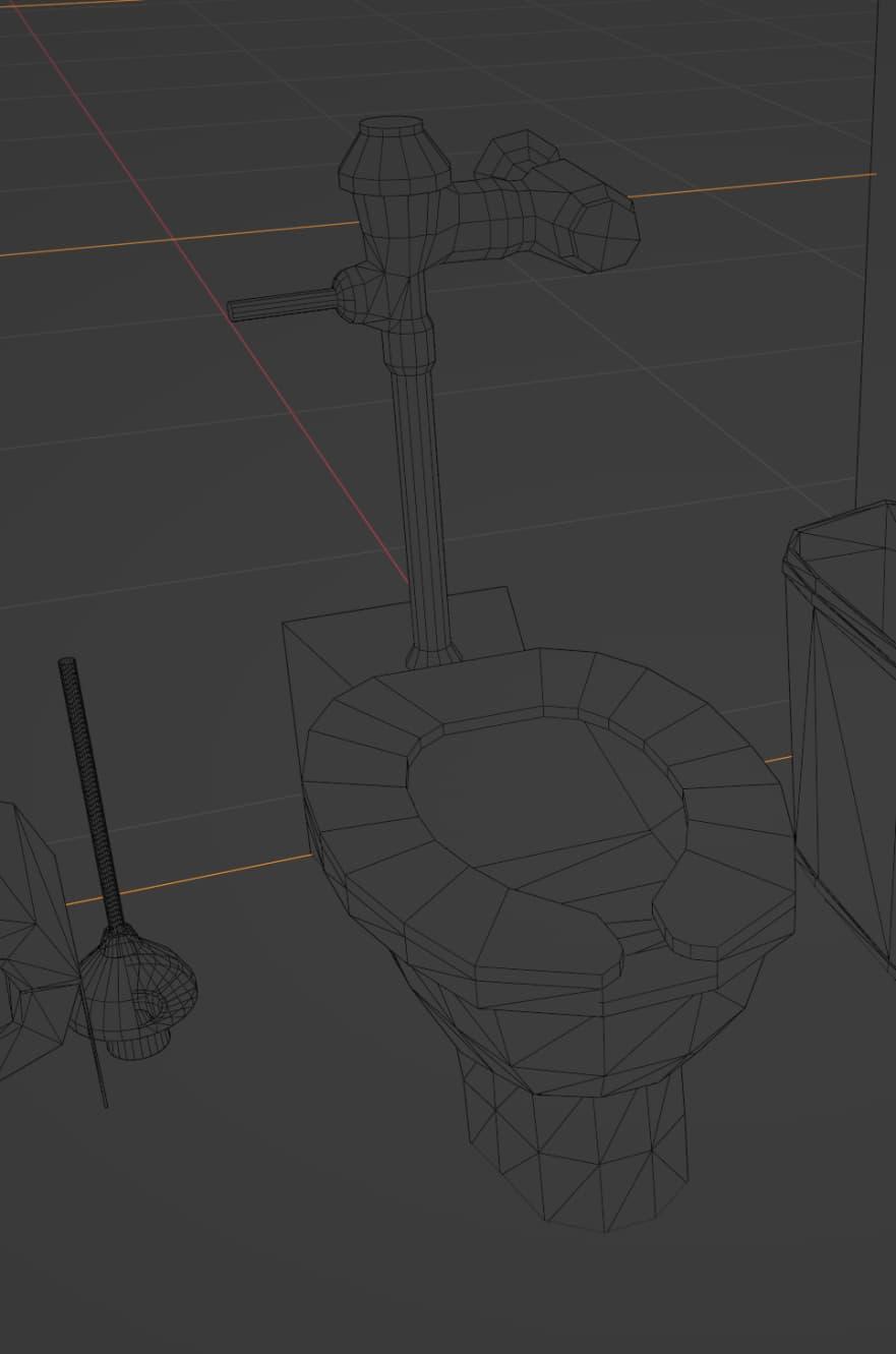 A wireframe of a 3D model of a toilet and plunger