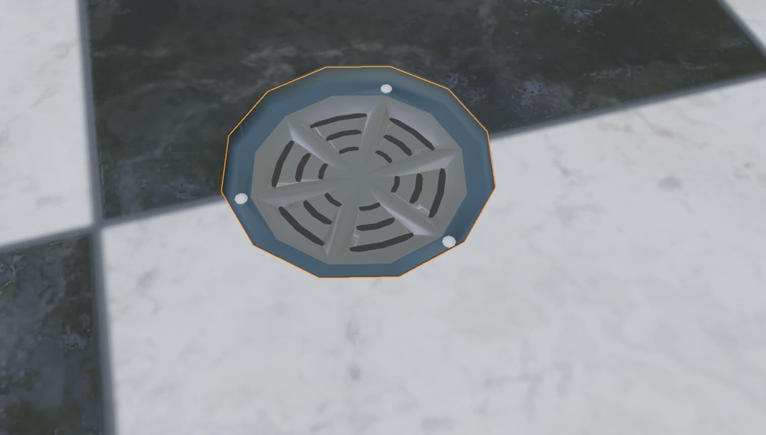 A circular metal floor drain with three screw holes
