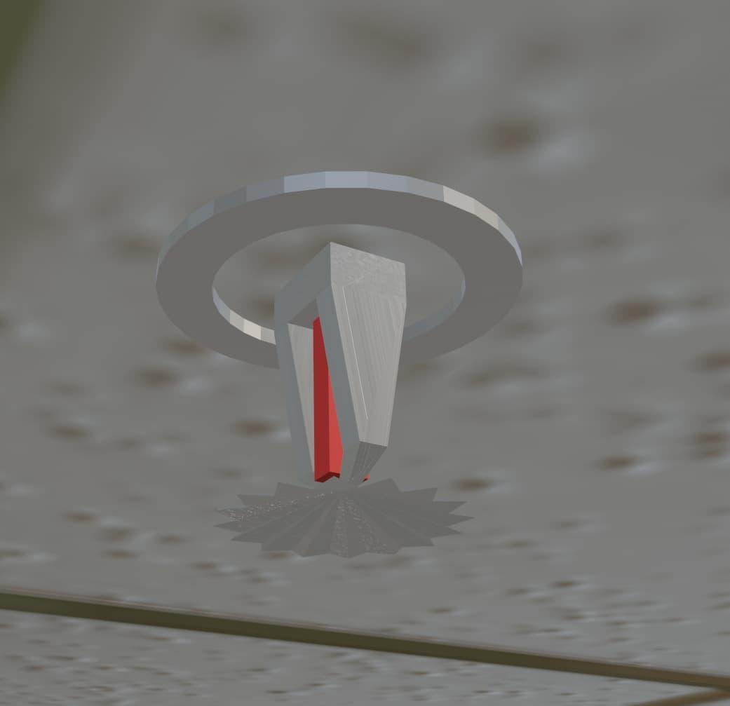 A 3D model of a metal fire suppression sprinkler, with a red line in the middle