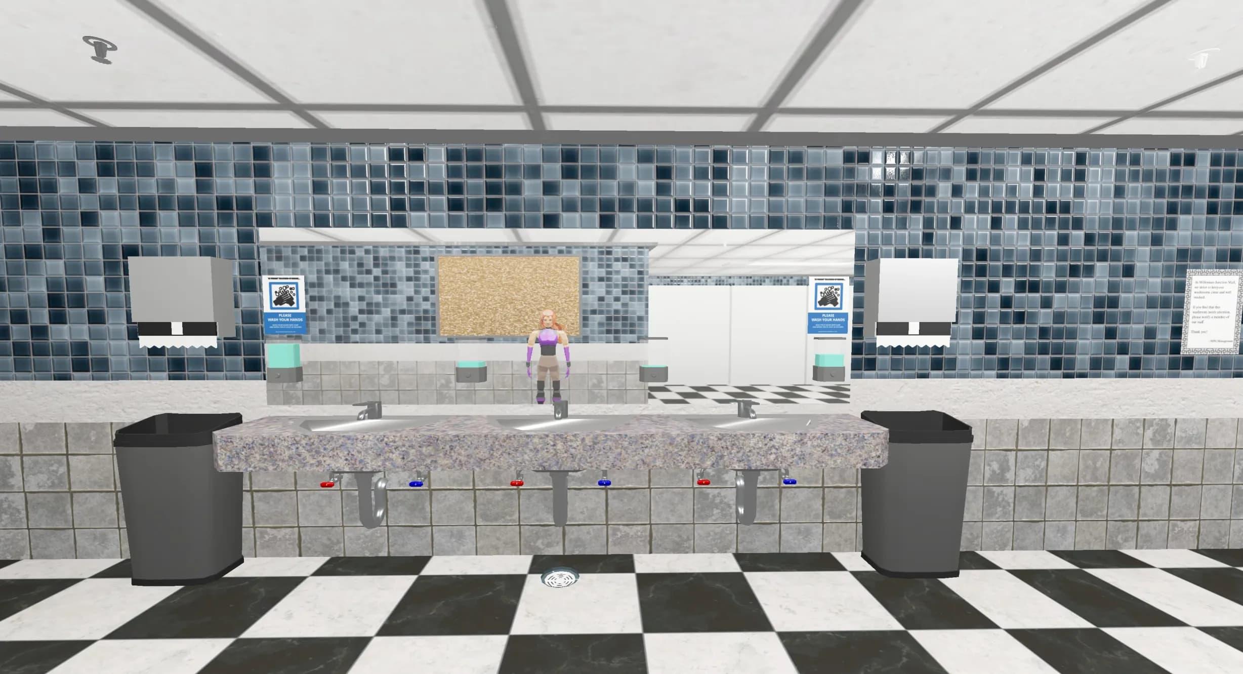 A 3D render of three bathroom sinks underneath a mirror, with paper towel dispensers and garbage cans on either side of the sink counter. In the mirror, an orange-haired female character with a purple shirt is standing in front of a corkboard