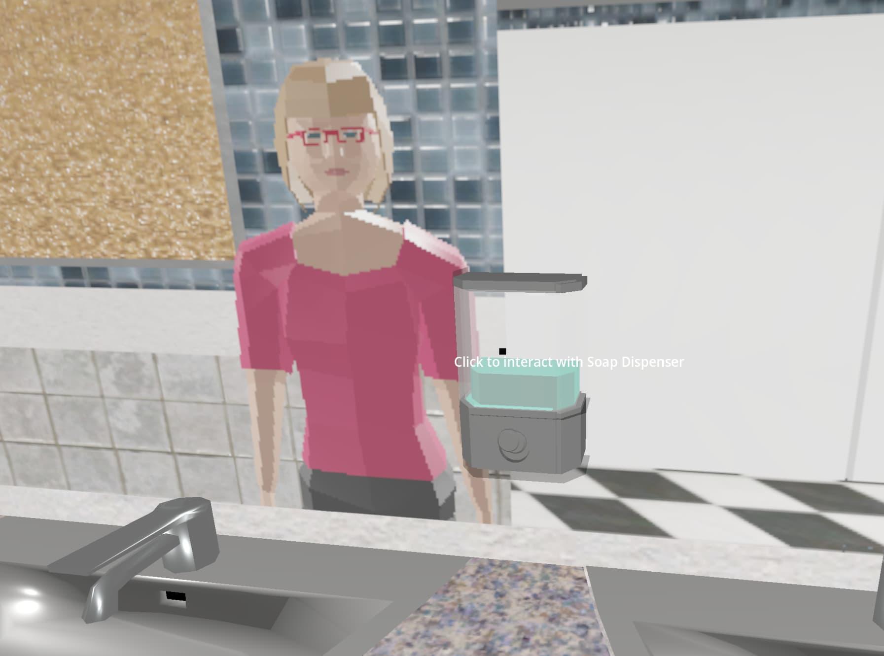 A game screenshot of a blonde woman with red glasses wearing a pink shirt and black pants, standing in front of a bathroom counter, looking at a soap dispenser, and reflected in the mirror