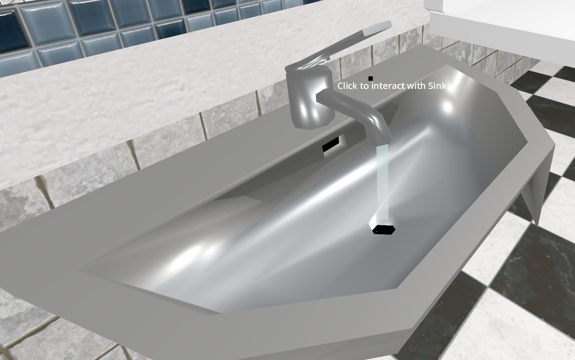 A 3D model of a sink, with its tap up and water coming out of the faucet