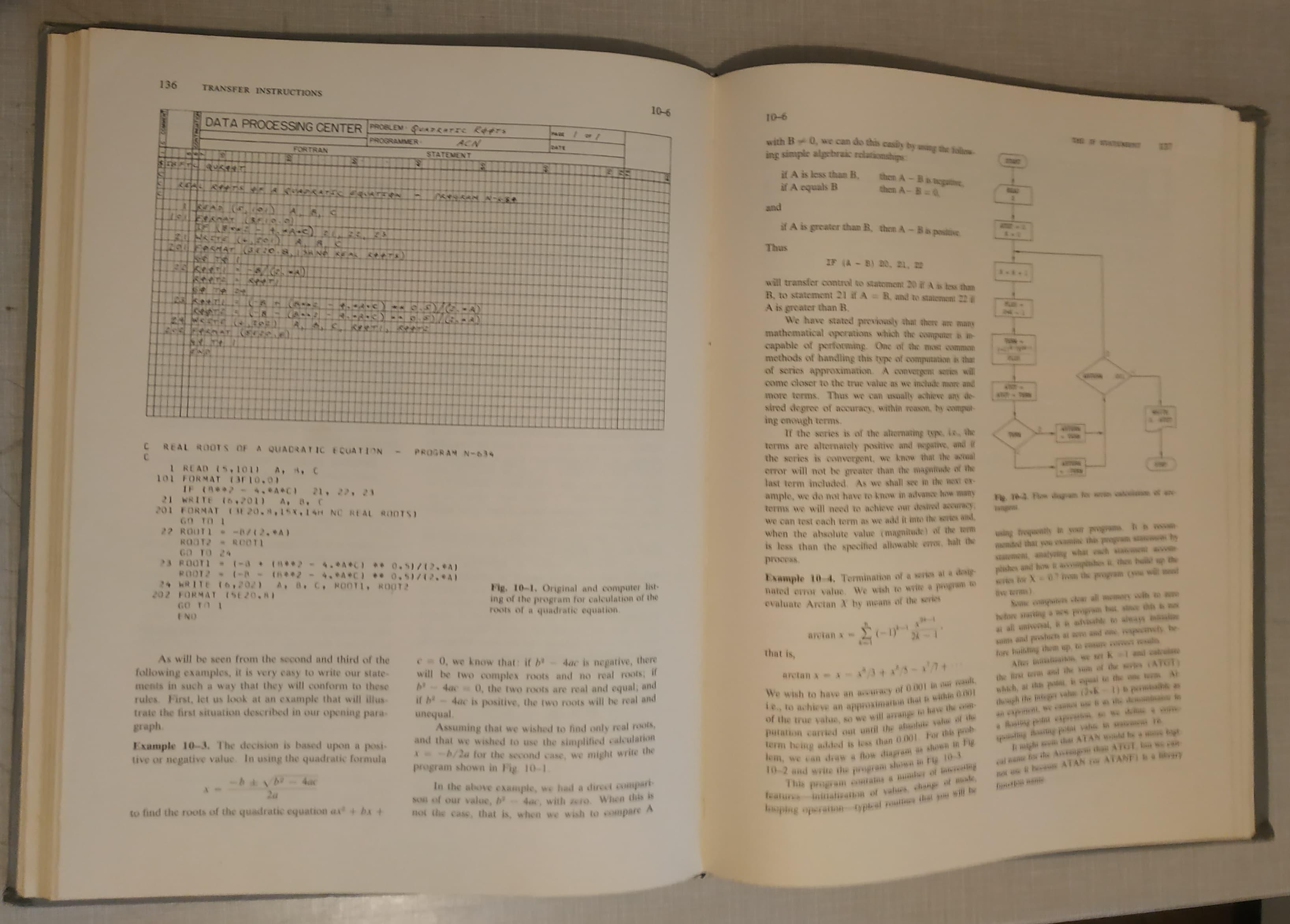 Pages of a book, displaying text, mathematics, FORTRAN code, and a flow chart