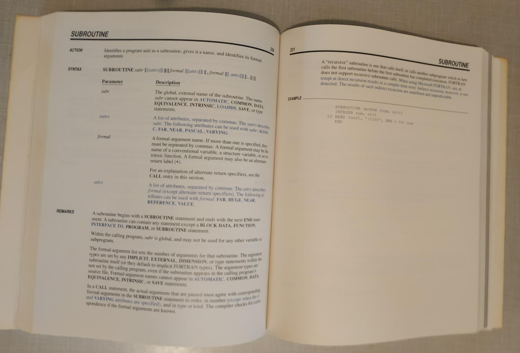 A reference page describing the SUBROUTINE keyword in Microsoft FORTRAN
