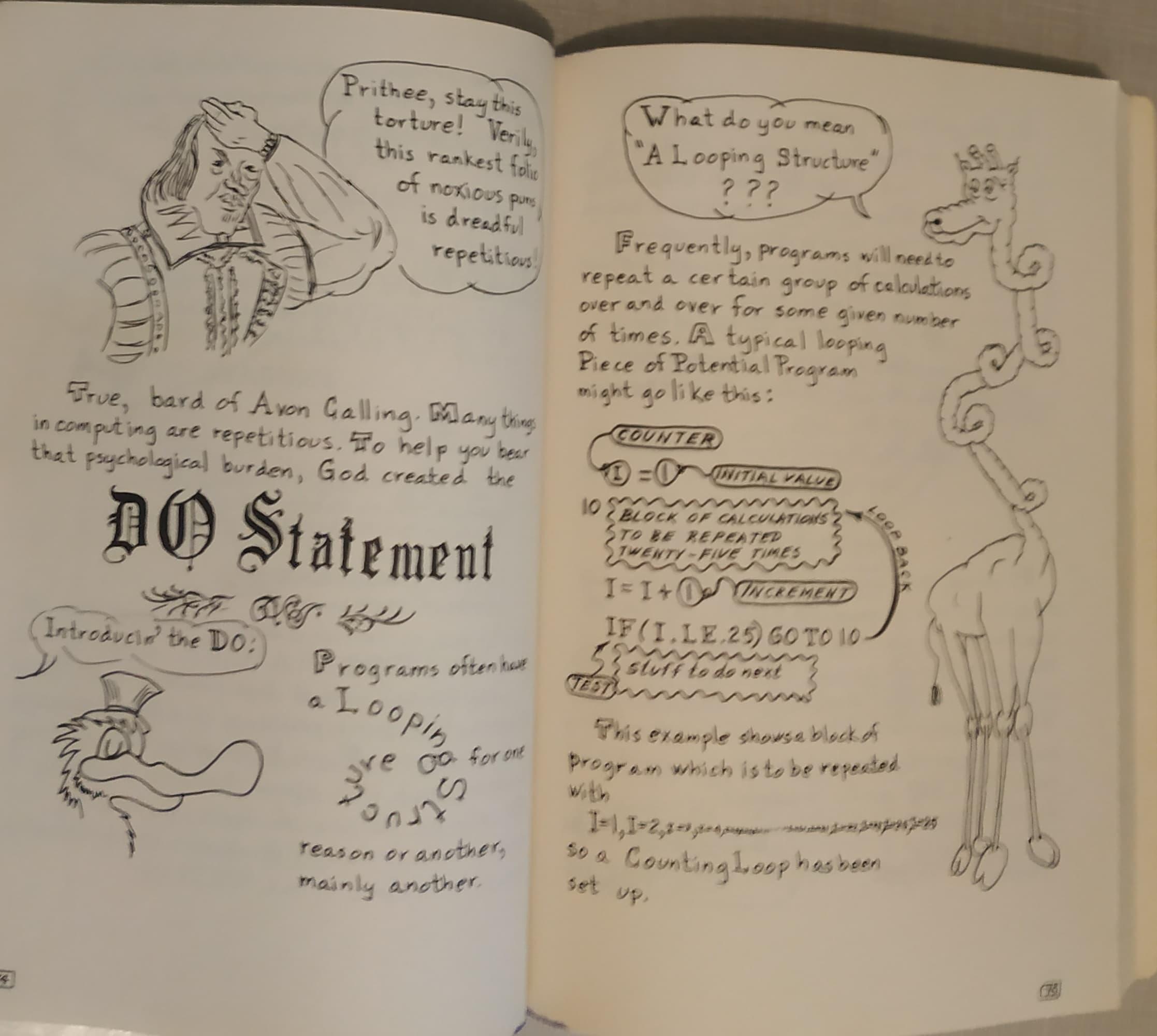 Wacky illustrations of a Shakespearean bard, a bird with a top hat, and a giraffe with a twisted neck serve to illustrate the looping DO statement in Fortran77